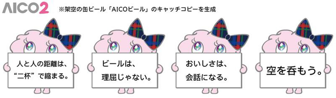 拡大画像：「AICO2」で生成したキャッチコピーのイメージとなります。架空の缶ビール「AICOビール」という商品のキャッチコピーが4つ載っています。「人と人の距離は、”二杯”で縮まる。」「ビールは、理屈じゃない。」「おいしさは、会話になる。」「空を呑もう。」の4つです。