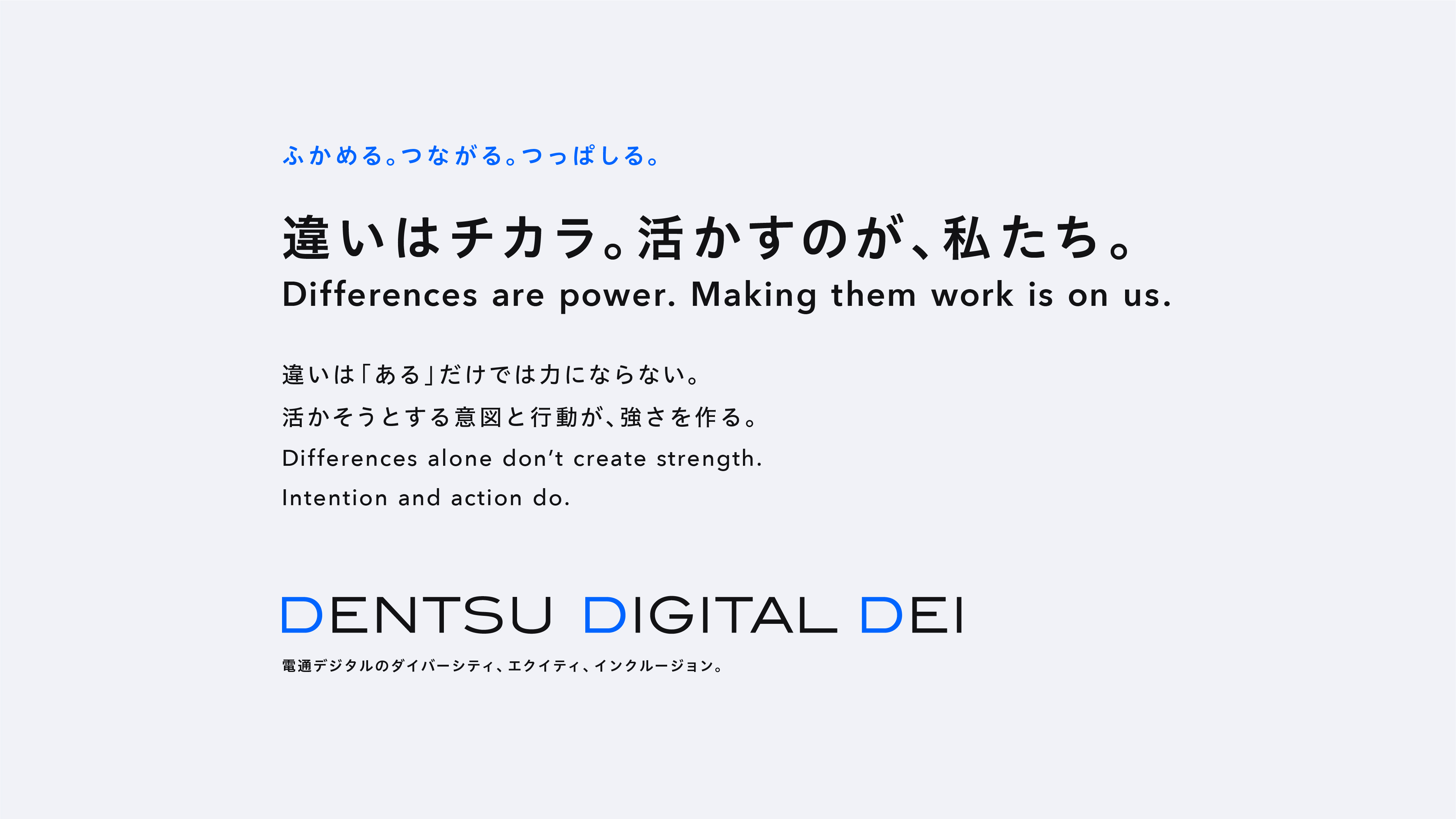 真摯な姿勢、向上心、共感、そしてリスペクトを私たちの原動力に、互いの違いを力に変え、全員が活躍し、世界のあり方を変える。 DENTSU DIGITAL DEI 電通デジタルのダイバーシティ、エクイティ、インクルージョン。