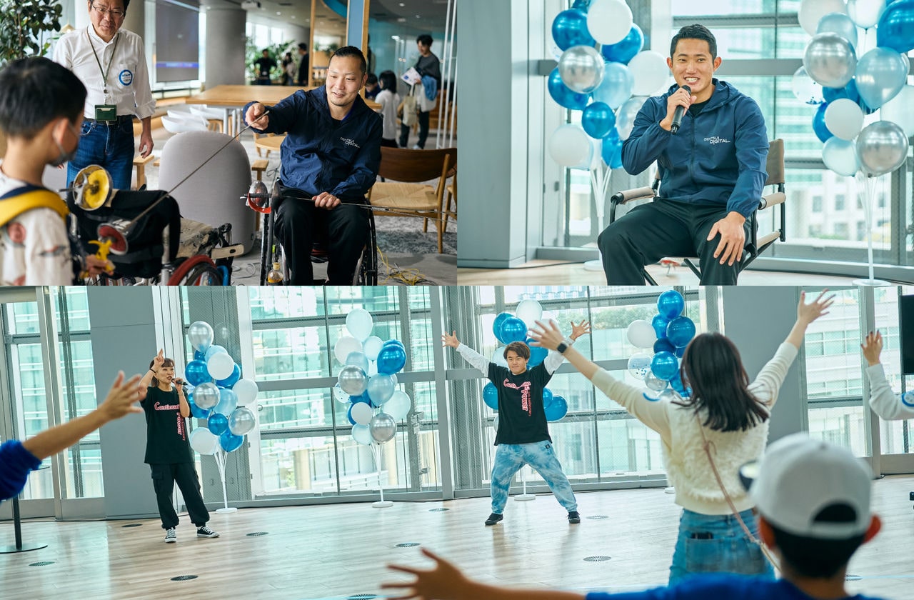 複合写真：車いすフェンシングの角田選手と交流する男の子（左上）、インタビューに答えるパラ陸上槍投げの若生選手（右上）、親子でダンスをする参加者たち（中央下）