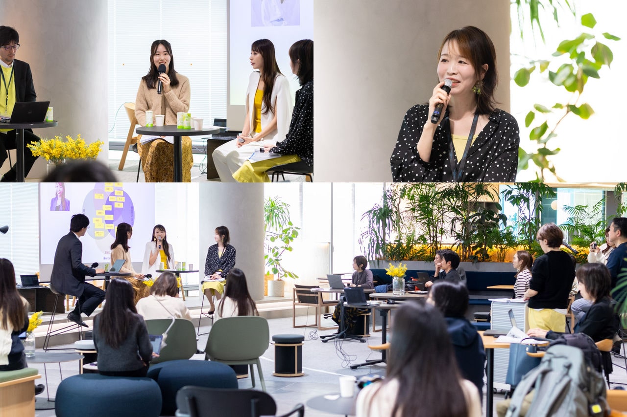 複合写真：インタビューに答える横塚（左上）、時間の使い方を語る山嶋（右上）、視座の向上を語る保科（中央下）