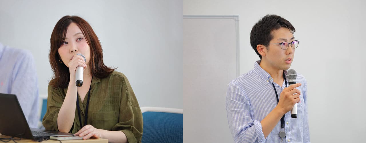 写真：社内研修の写真。マイクを使い発言をする行方 沙絵（左）、田辺 敏輝（右）